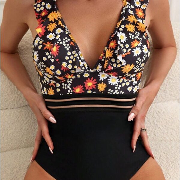 Women's Black Floral Patterned Tulle Detailed One Piece Swimsuit