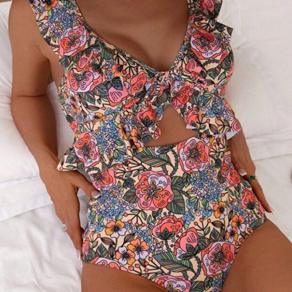 Vintage Floral Print Ruffle Strap Cutout Front One-Piece Swimsuit