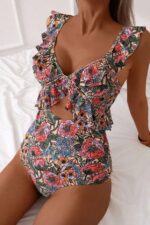 Vintage Floral Print Ruffle Strap Cutout Front One-Piece Swimsuit - Image 2