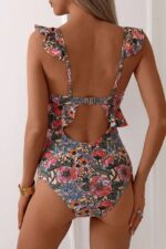 Vintage Floral Print Ruffle Strap Cutout Front One-Piece Swimsuit - Image 3