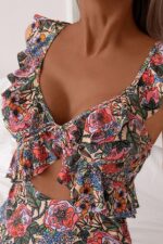 Vintage Floral Print Ruffle Strap Cutout Front One-Piece Swimsuit - Image 4