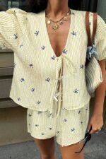 Women's Yellow Front Tie Bow Patterned Short Sleeve Shorts - Top Set - Image 4