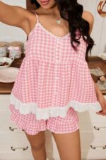 Pink Gingham Lace Detailed Strappy Shorts Pajama Set - Image 4