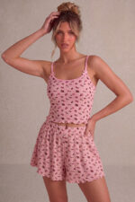 Pink Floral Patterned Strap Shorts Set