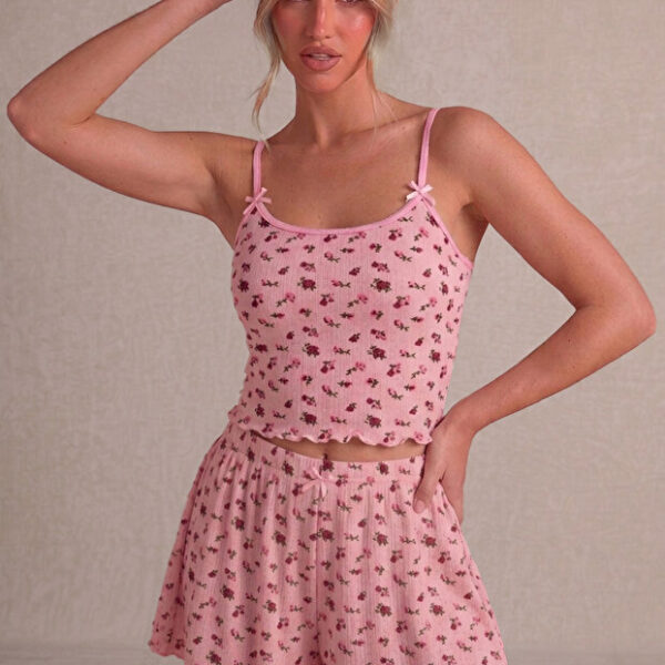 Pink Floral Patterned Strap Shorts Set