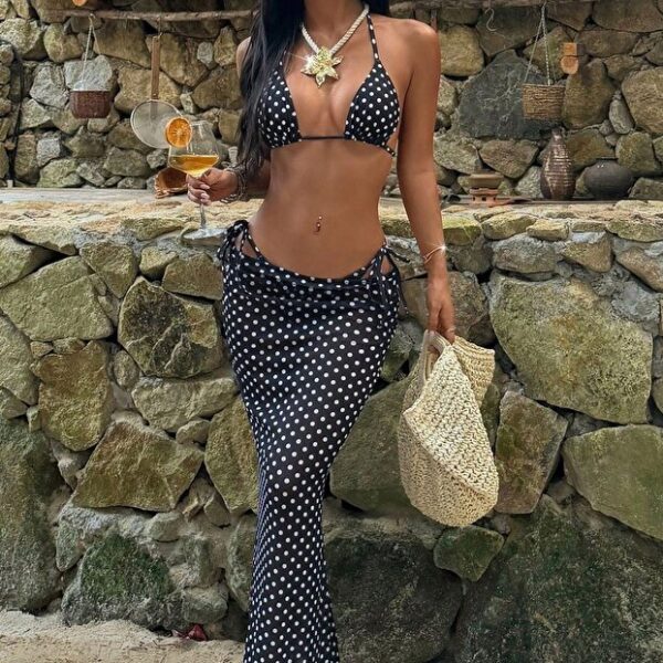 Polka Dot Patterned 3-Piece Beach Combination Bikini Set and Pareo