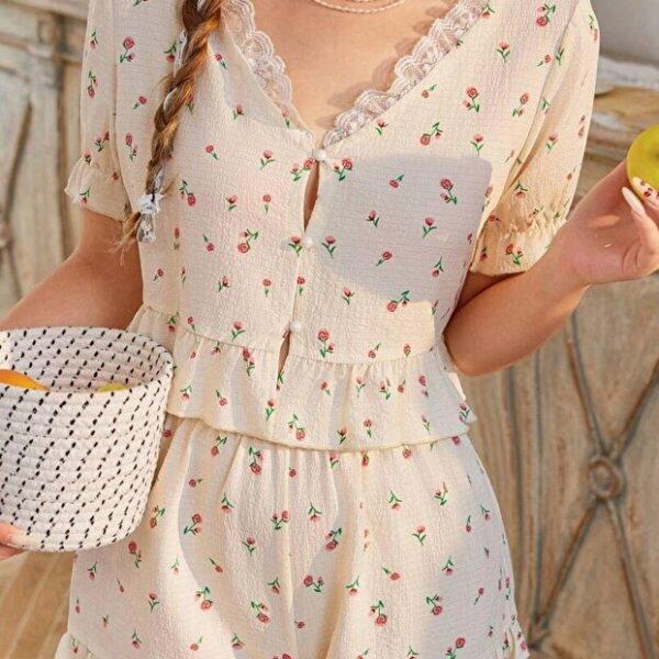 Floral Printed Lace Detailed Frilly Pajama Set