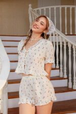 Floral Printed Lace Detailed Frilly Pajama Set - Image 2