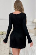 Black Long Sleeve Cotton Nightgown with Slit Detail - Image 6
