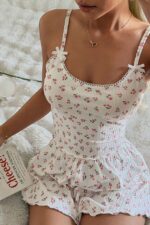Ecru Minimal Floral Patterned Strap Shorts Pajama Set - Image 6