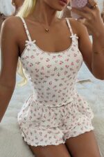Ecru Minimal Floral Patterned Strap Shorts Pajama Set - Image 7