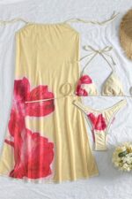 Yellow Patterned 3 Piece Beach Combination Bikini Set and Pareo - Image 2