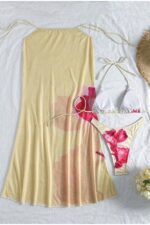 Yellow Patterned 3 Piece Beach Combination Bikini Set and Pareo - Image 3