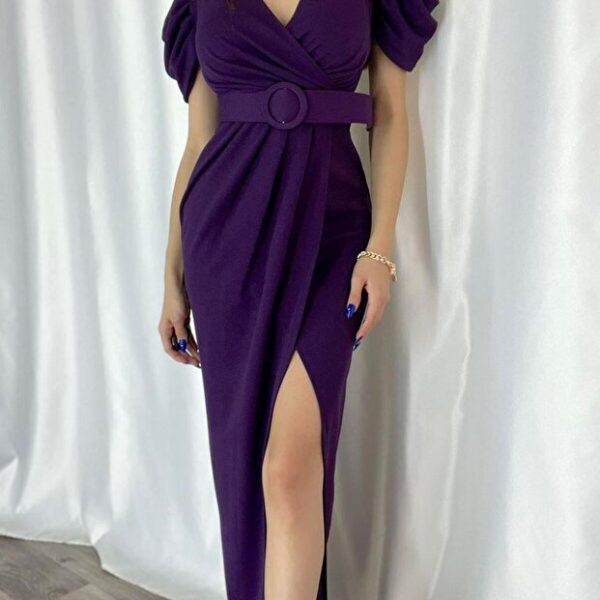 Shoulder Detailed, Belted, Front Slit Detailed Imported Crepe Fabric Evening Dress