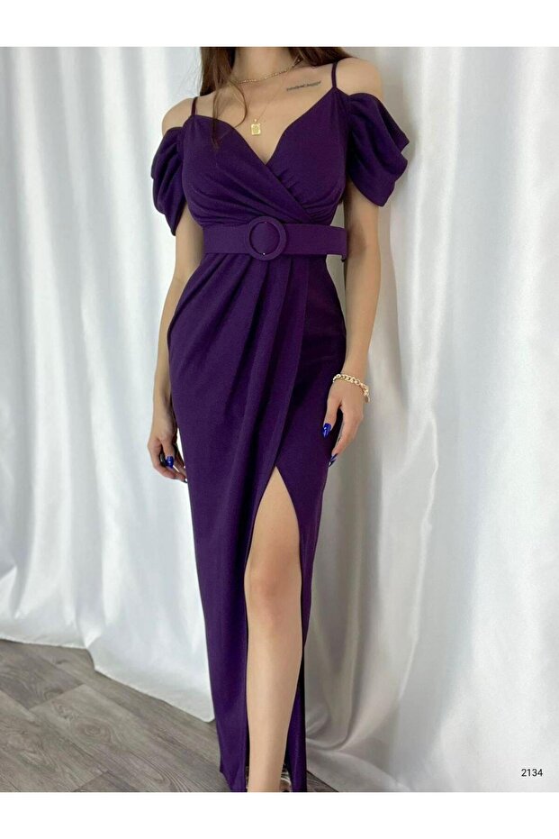 1_org_zoom-1360.jpg Shoulder Detailed, Belted, Front Slit Detailed Imported Crepe Fabric Evening Dress - Image 1