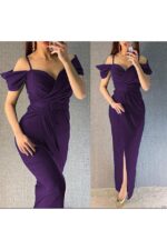 Shoulder Detailed, Belted, Front Slit Detailed Imported Crepe Fabric Evening Dress - Image 2