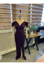 Shoulder Detailed, Belted, Front Slit Detailed Imported Crepe Fabric Evening Dress - Image 3