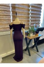 Shoulder Detailed, Belted, Front Slit Detailed Imported Crepe Fabric Evening Dress - Image 4