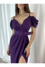 Shoulder Detailed, Belted, Front Slit Detailed Imported Crepe Fabric Evening Dress - Image 5