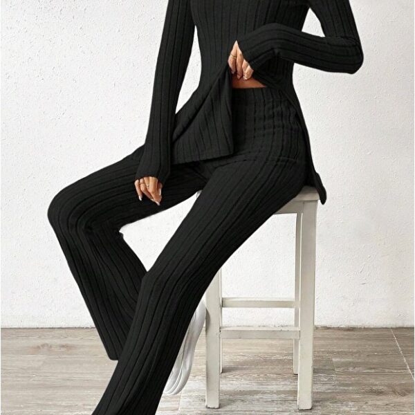 Cotton Black Slit Winter Long Pajamas Set