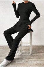 Cotton Black Slit Winter Long Pajamas Set - Image 3