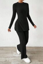 Cotton Black Slit Winter Long Pajamas Set - Image 4