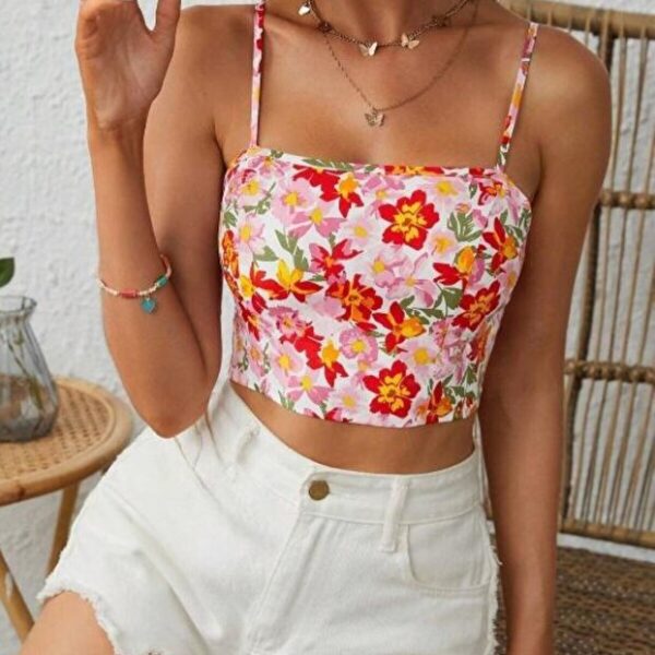 Retro Floral Print Backless Crop Blouse