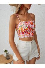 Retro Floral Print Backless Crop Blouse - Image 2