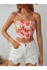 Retro Floral Print Backless Crop Blouse - Image 3