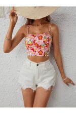 Retro Floral Print Backless Crop Blouse - Image 5