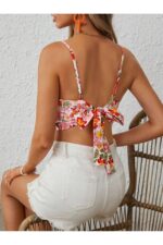 Retro Floral Print Backless Crop Blouse - Image 6
