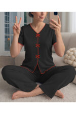 V-Neck Cotton Black Bow Detailed Pajama Set - Image 2