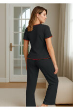 V-Neck Cotton Black Bow Detailed Pajama Set - Image 3