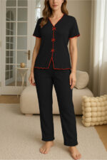 V-Neck Cotton Black Bow Detailed Pajama Set - Image 4
