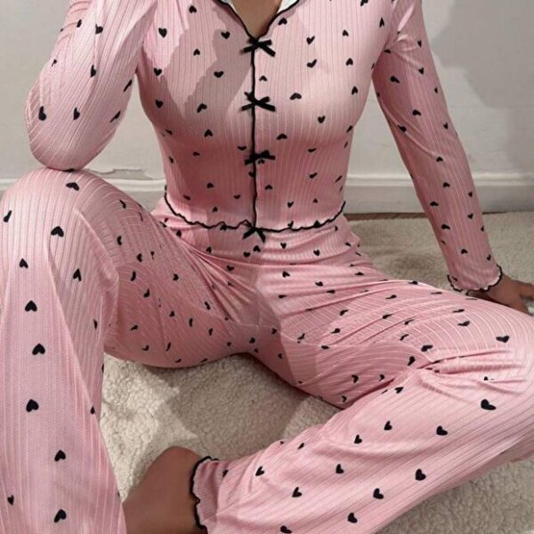 V-Neck Printed Long Pajama Set with Bow Detail