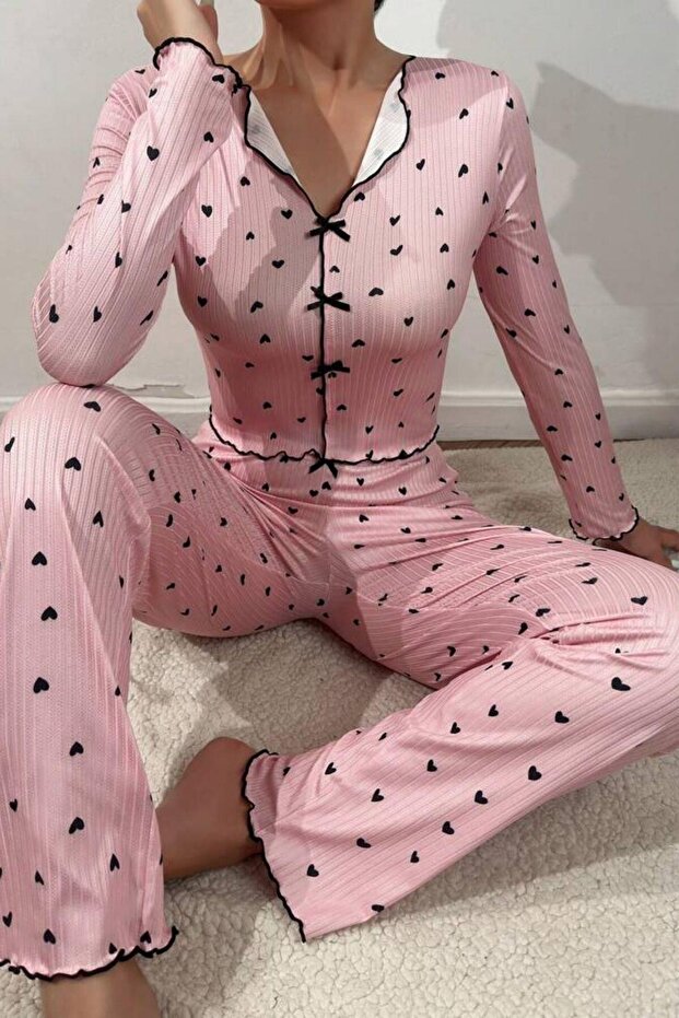1_org_zoom-1396.jpg V-Neck Printed Long Pajama Set with Bow Detail - Image 1
