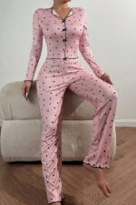 V-Neck Printed Long Pajama Set with Bow Detail - Image 2