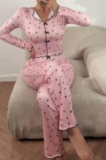 V-Neck Printed Long Pajama Set with Bow Detail - Image 3