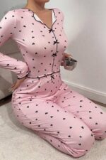 V-Neck Printed Long Pajama Set with Bow Detail - Image 4