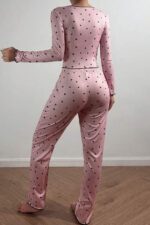 V-Neck Printed Long Pajama Set with Bow Detail - Image 5