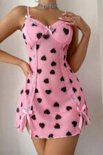 Romantic Pink Heart Patterned Nightgown with Slit Detail - Image 2