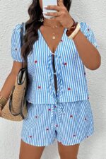 Blue Striped Heart Patterned V-Neck Tie Shorts Set