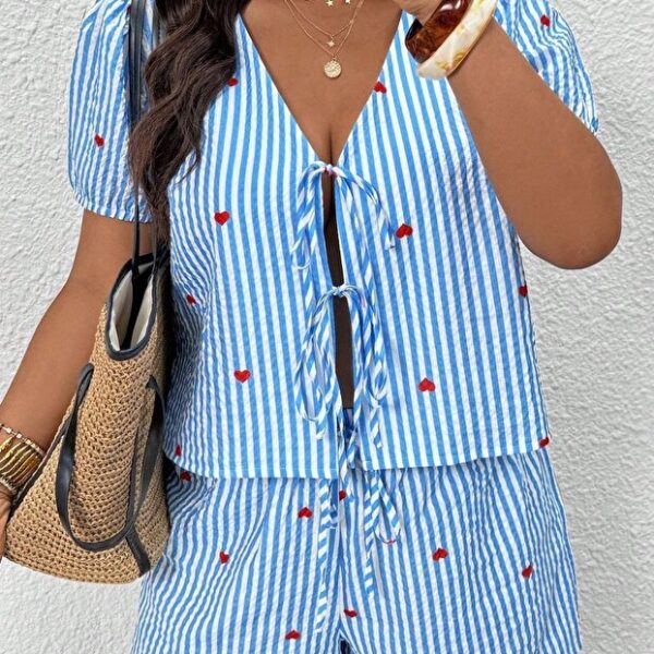 Blue Striped Heart Patterned V-Neck Tie Shorts Set