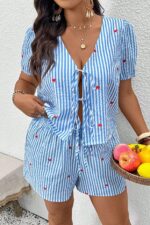 Blue Striped Heart Patterned V-Neck Tie Shorts Set - Image 2