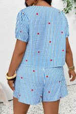 Blue Striped Heart Patterned V-Neck Tie Shorts Set - Image 3