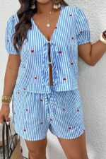 Blue Striped Heart Patterned V-Neck Tie Shorts Set - Image 5
