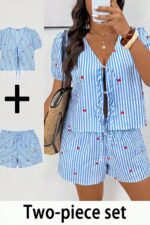 Blue Striped Heart Patterned V-Neck Tie Shorts Set - Image 7