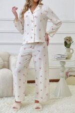 Women's Ecru Floral Printed Winter Long Pajamas Set - Image 2