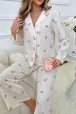 Women's Ecru Floral Printed Winter Long Pajamas Set - Image 3