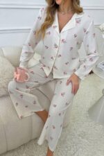 Women's Ecru Floral Printed Winter Long Pajamas Set - Image 4